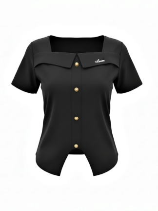 法式小方領排釦修身短袖上衣