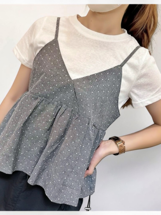 韓系假兩件點點背心上衣