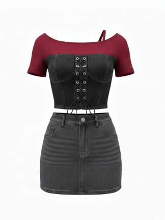 甜酷綁帶拼接牛仔短版上衣