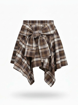 學院格紋不規則綁帶褲裙