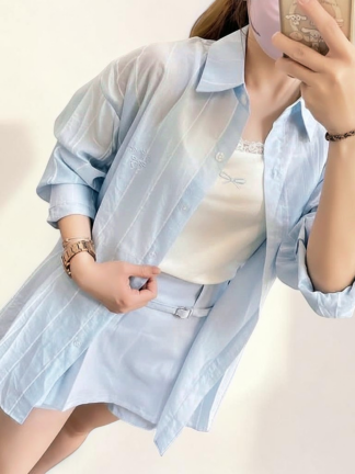 透膚感襯衫＋蝴蝶結小背心