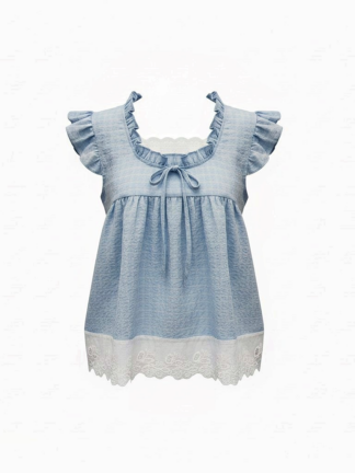 日系格紋蕾絲上衣