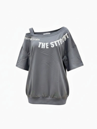 斜肩字母寬鬆休閒上衣（大尺碼）