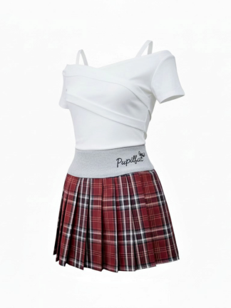 經典紅格紋百褶學院短裙