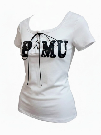 美式字母綁帶短版修身上衣