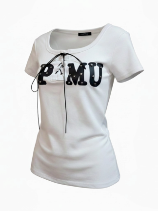 美式字母綁帶短版修身上衣