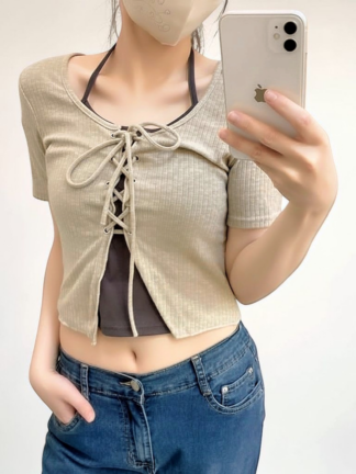 🌿 韓系溫柔感 綁帶短版上衣