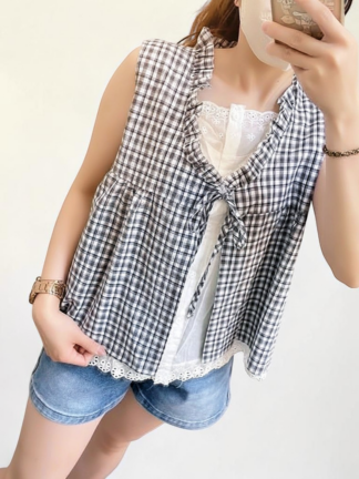🎀 格紋綁帶背心｜甜妹層次穿搭必收