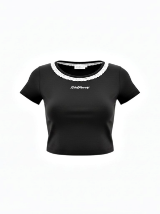 法式蕾絲滾邊修身短版上衣