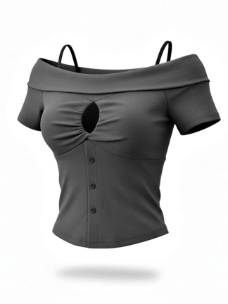 韓系露肩抓皺短版T