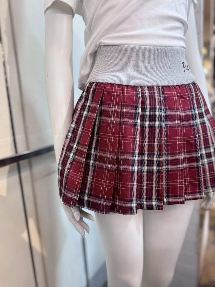 經典紅格紋百褶學院短裙:圖片 4