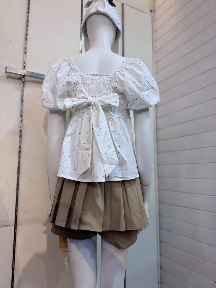 甜霧金點雙面蝴蝶結澎袖上衣:圖片 9