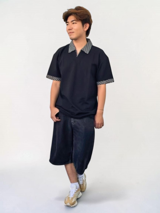 格紋拼接無鈕扣POLO衫