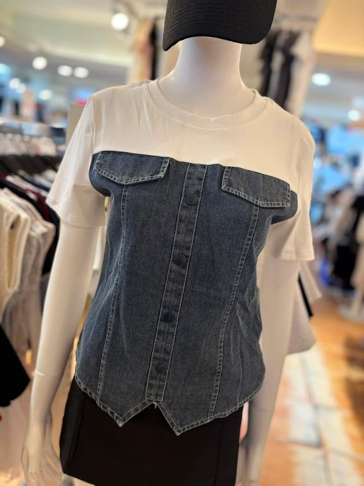 假兩件牛仔拼接造型上衣 - Image 3