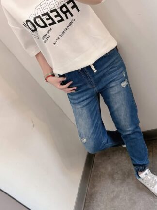韓系抽繩刷色縮口牛仔褲