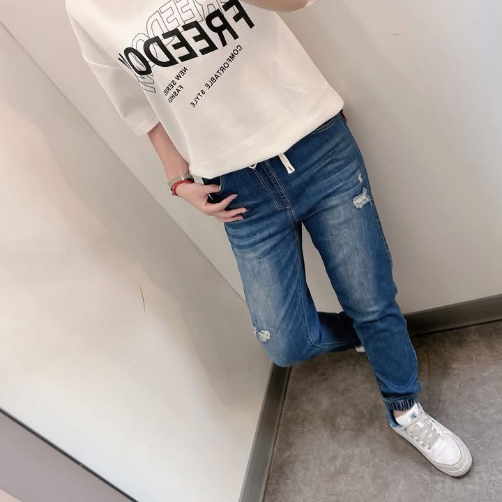 韓系抽繩刷色縮口牛仔褲
