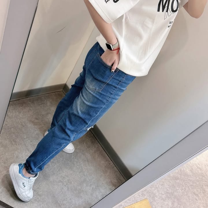 韓系抽繩刷色縮口牛仔褲 - Image 4