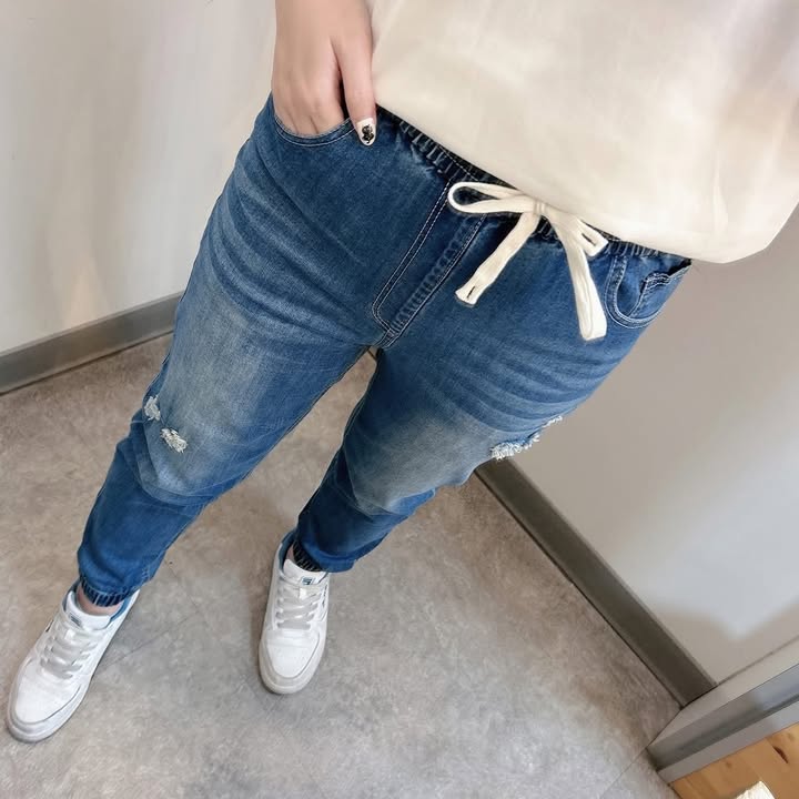 韓系抽繩刷色縮口牛仔褲 - Image 7